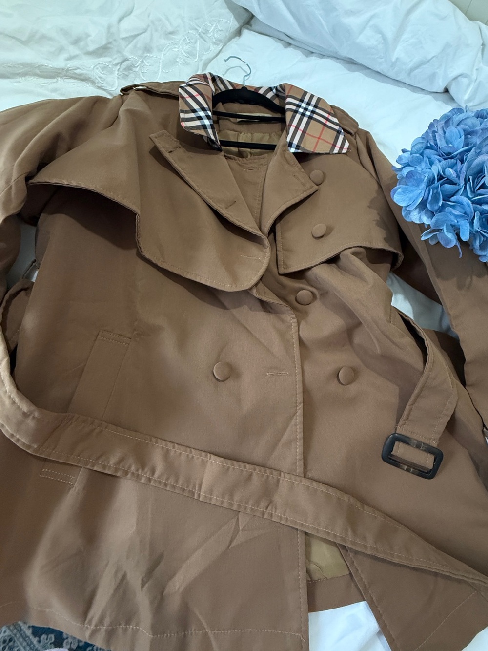 Classic Brown Trench Coat with Check Collar